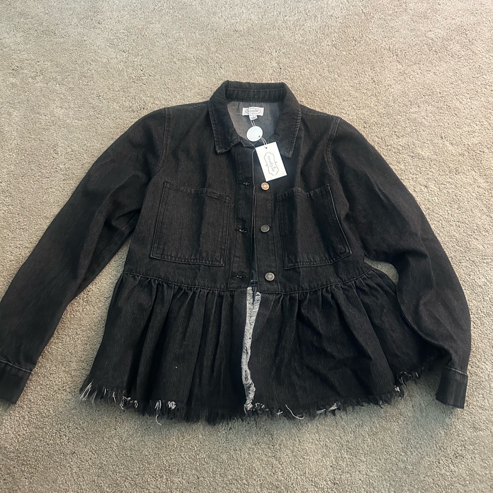 NWT Mud Pie Black Frayed Hem Jean Jacket